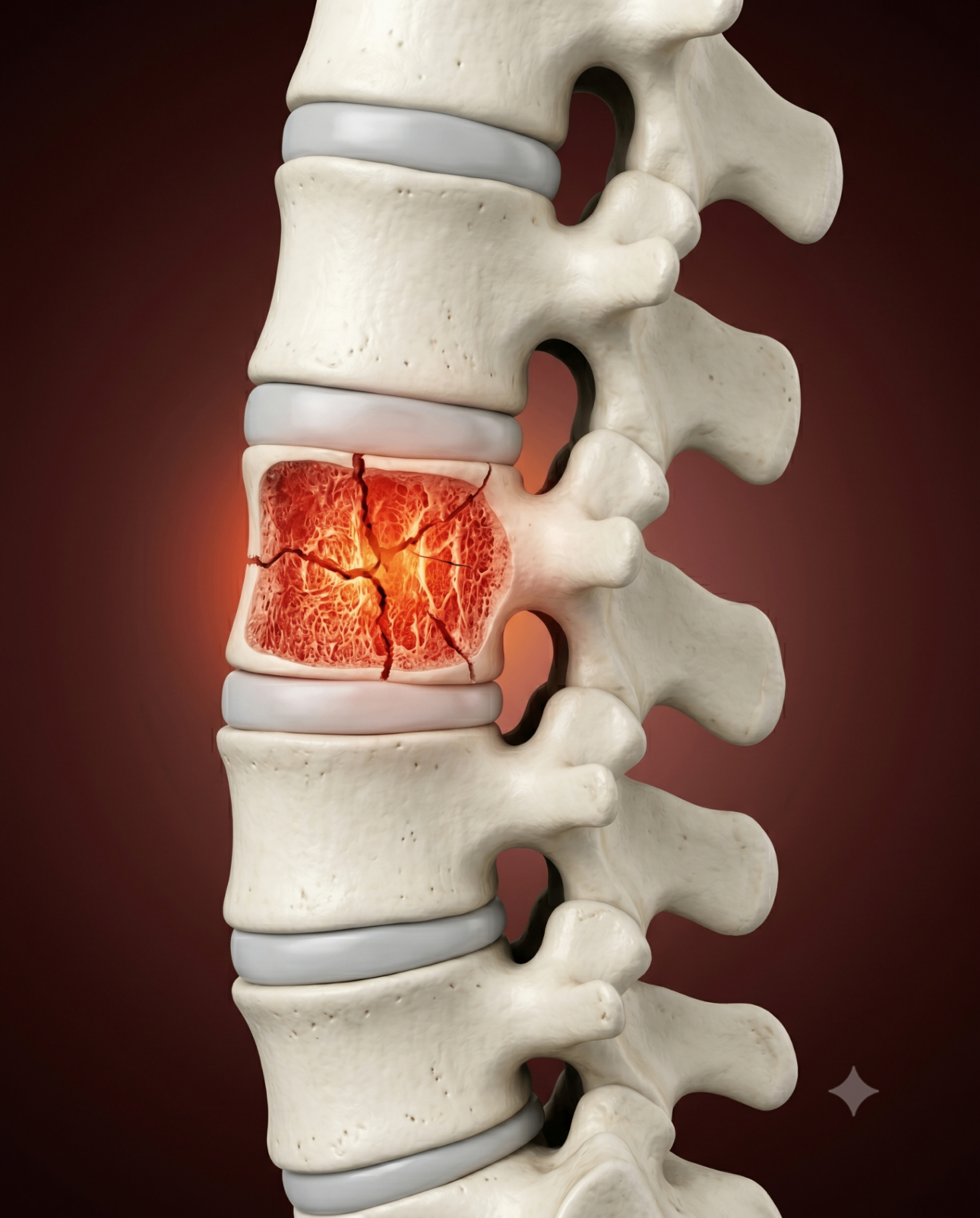 Ilustração 3D de fratura vertebral por osteoporose